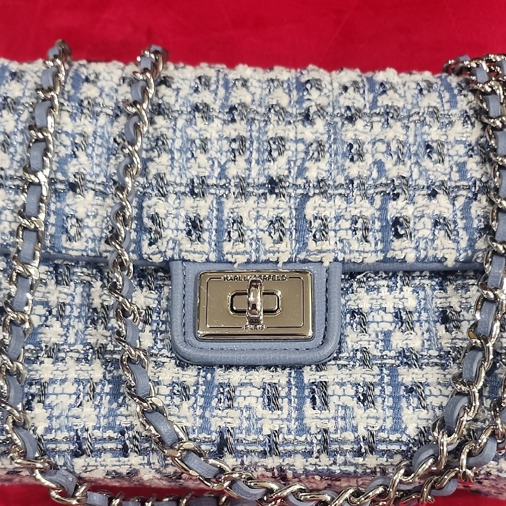 Karl Lagerfeld Blue and Cream Tweed Chain Bag